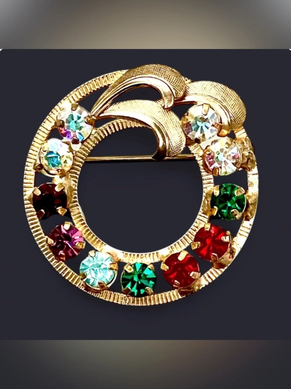 Vintage Gold Tone AB Rhinestone Wreath Circle Brooch Pin Multicolor Mid Century